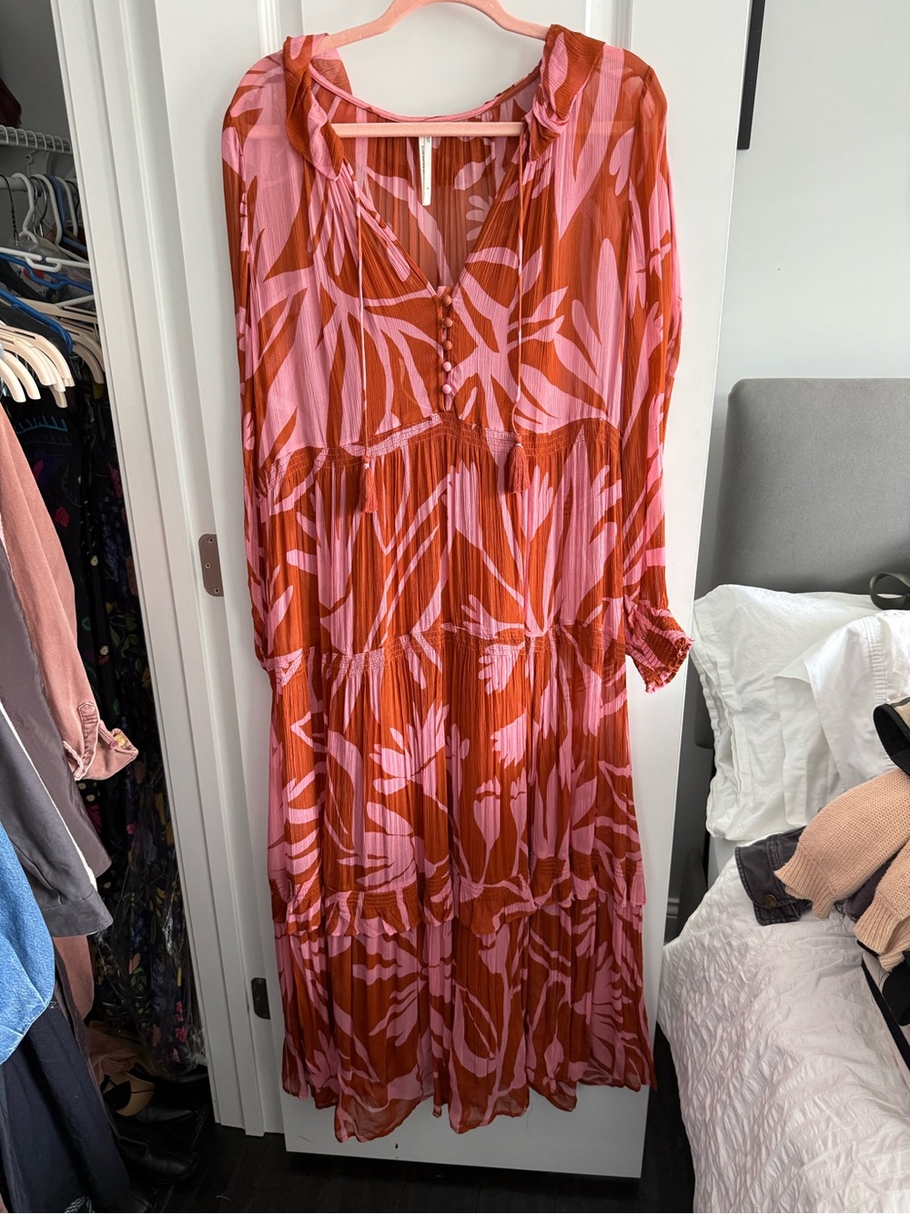 Anthropologie Pink and Rust Floral Tiered Maxi Dress
